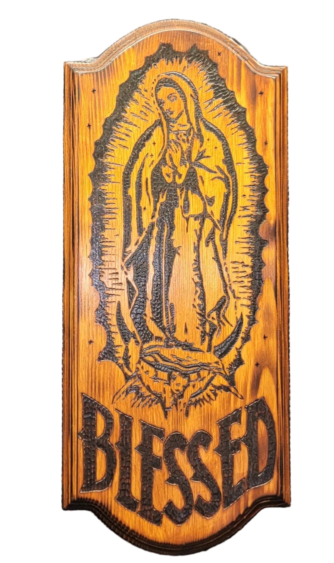 Custom Wood Burned Virgin Mary