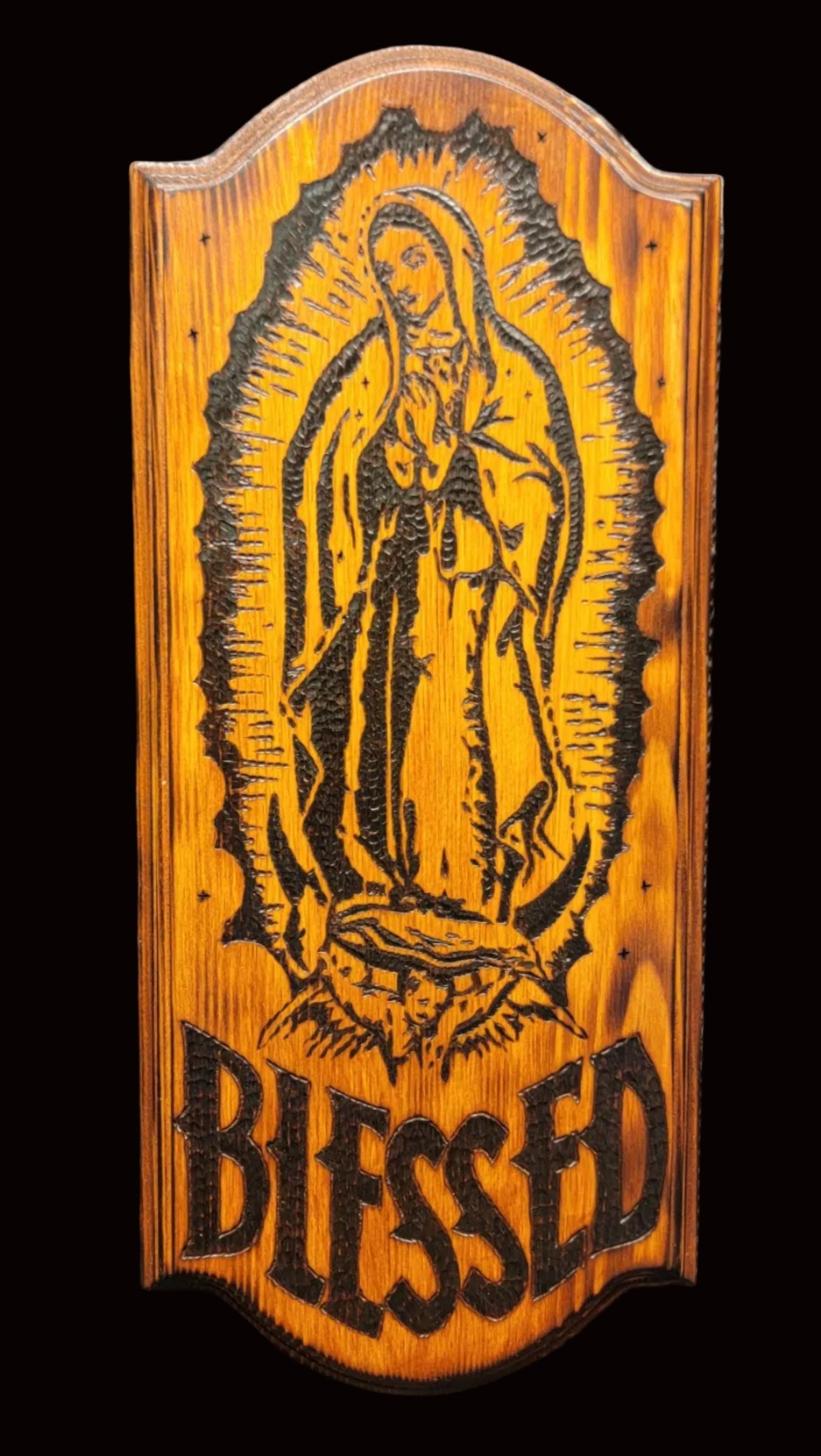 Custom Wood Burned Virgin Mary
