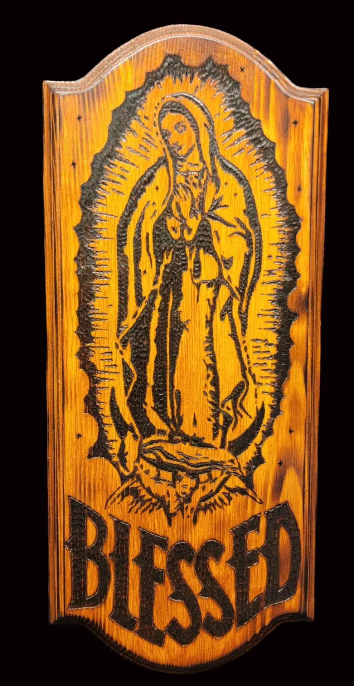 Custom Wood Burned Virgin Mary